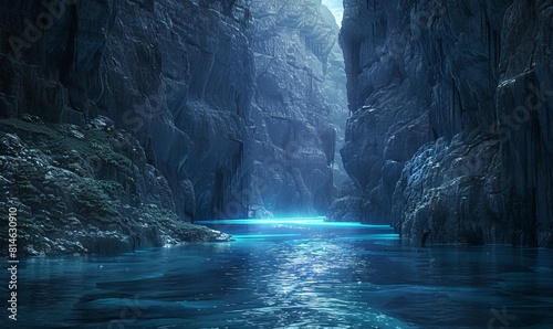 A river glows in the shadows beneath a rocky wall lining a deep gorge