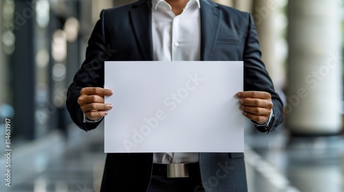 A businessman holding up an empty white sheet of paper
