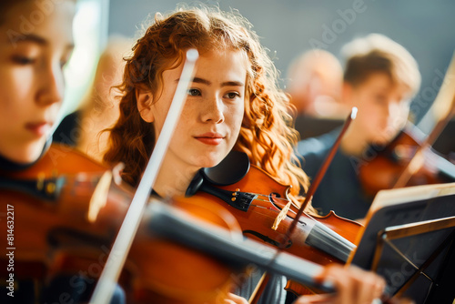 A young musician playing violin intently during an orchestra rehearsal among fellow performers.