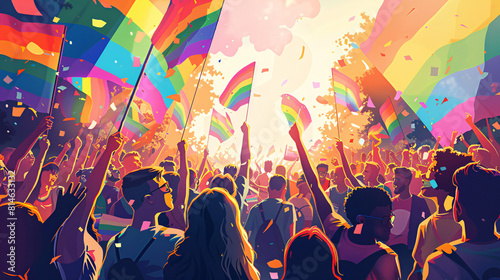 A dynamic image of a pride parade in full swing, with a crowd of participants and onlookers celebrating under rainbow banners