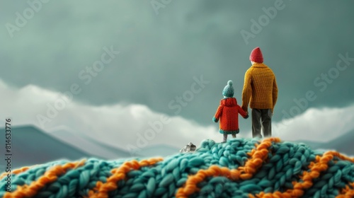 A man and a woman stand atop a colorful knitted blanket