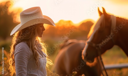cowgirl in hat backlit by sunset on farm with horse, Generative AI
