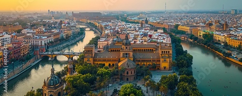Aerial Drone view of the Old Town of Sevilla in Spain.