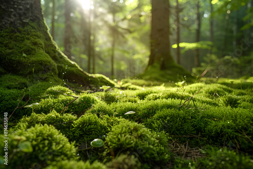moisturized moss in the forest, sun light shines to the trees,