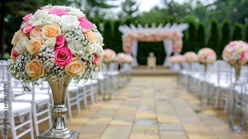 Outdoor wedding ceremony set up with rows of white chairs adorned with fresh flowers under a sunny sky