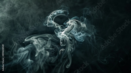 Ethereal blue and gold smoke forming a question mark in a mysterious setting