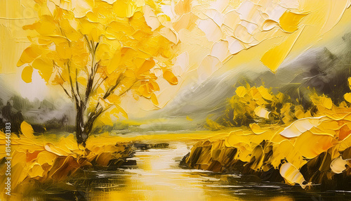 Abstract yellow color acrylic painting on canvas. Natural landscape. Autumn season. Oil painting