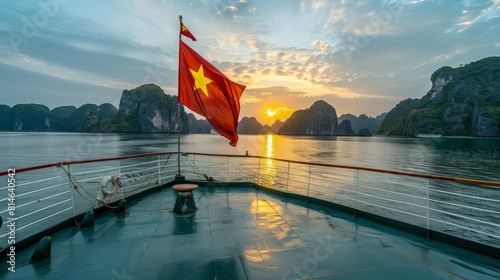 boat adorned with a vibrant Vietnamese flag sways gently in the water, symbolizing national pride and maritime adventure.