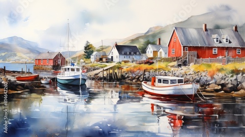 Generative AI A picturesque, quaint fishing village along the coast. landscape watercolor