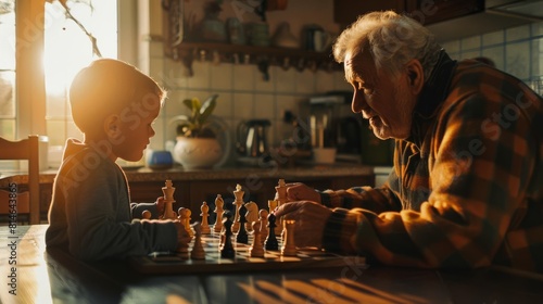 A wise old man plays chess with a young boy