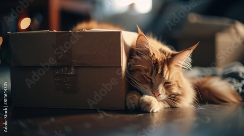 Ginger cat peacefully napping in a snug cardboard box in a cozy home setting
