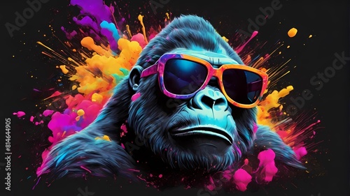 adorable gorilla wear sunglasses with neon art illustration