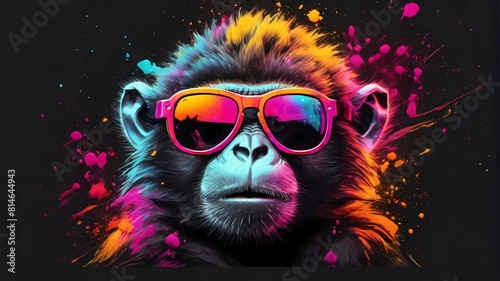 adorable monkey wear sunglasses with neon art illustration