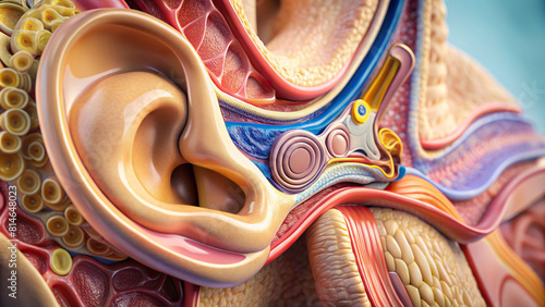 Macro shot of ear anatomy focusing on the eardrum and cochlea