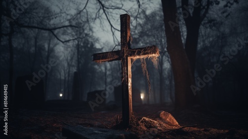 A spooky and atmospheric graveyard scene with fog and cross at night