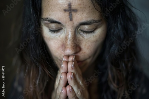 woman with ash cross on forehead praying solemnly ash wednesday religious ritual closeup portrait