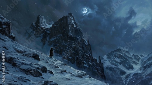 Lone wolf howling under a full moon in a snowy mountain landscape