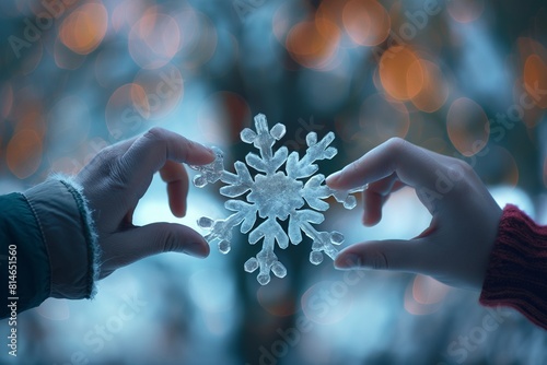 Delicate and detailed snowflake in the hands.
