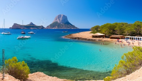 cala d hort beach cala d hort in summer is extremely popular beach have a fantastic view of the mysterious island of es vedra ibiza island balearic islands europe espana spain
