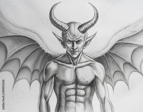 Sketch of a devil with horns, wings and a muscular body.