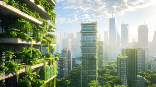 A futuristic city skyline with green buildings, vertical gardens, and clean energy infrastructure, portraying a vision of sustainable urban development without showing identifiable faces.