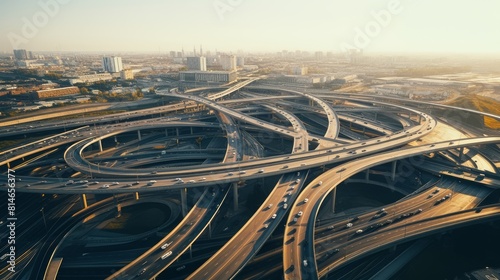 Generative AI Overhead views of a bustling freeway interchange connecting major highways and roads, capturing traffic flow.
