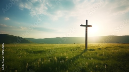 Wooden Cross Standing on a Hill at Sunset with Sunlight Casting a Long Shadow