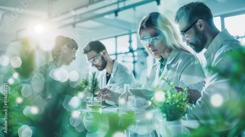 A group of engineers or researchers collaborating on green innovation projects in a laboratory or workshop, their faces obscured or turned away to emphasize the focus on technology and innovation. 