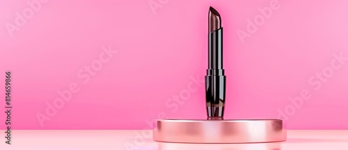 Professional beauty shot of a black lipstick placed vertically on a small podium, captured under soft lighting to enhance the products texture and color, with copy space
