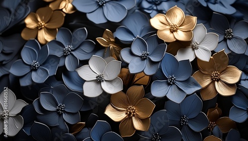 beautiful minimalistic plant nature wallpaper background of blue grey and gold dainty flowers and leaves generative ai