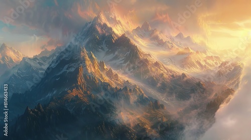 Spectacular sunset over a majestic mountain range with golden light