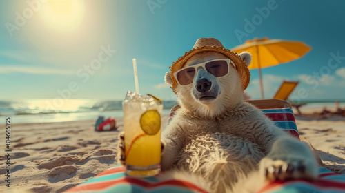 A Polar Bear in human clothes lies on a sunbathe on the beach, on a sun lounger, under a bright sun umbrella