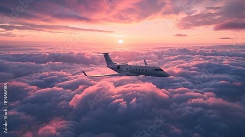 A fancy private plane flies above the clouds as the sun sets, creating a breathtaking view.