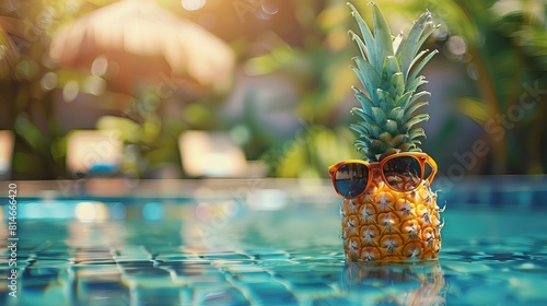 A funny pineapple wearing sunglasses is relaxing by a swimming pool.