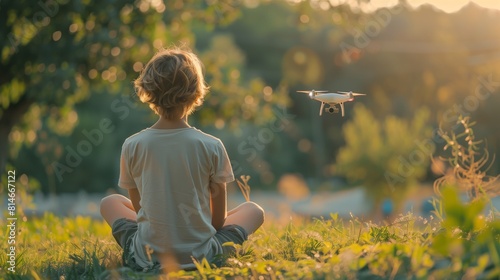 Teenager with long blond hair sits on the green grass and flies a drone, viewed from behind the boy. Boy operating drone flying or hovering by remote control in sunset. Sunny summer morning.