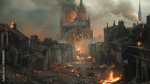 An ruined burning medieval city, cathedral with pointy towers in the background. the cathedral has pointy towers or domes. Generative AI.
