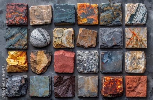 A collection of various colorful natural stone samples neatly arranged showcasing textures