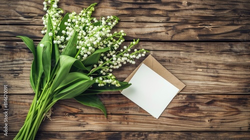 A Delicate Dance: Lily of the Valley and Envelope on Wooden Table