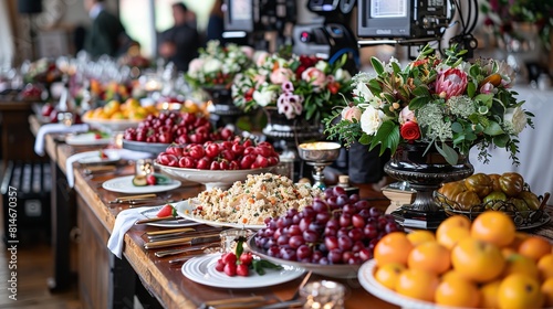 A long table overflows with a variety of colorful fruits and delectable desserts, creating a tempting display