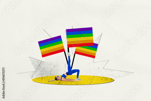 Composite collage picture image of sporty girl stretch lgbt rainbow flag isolated on creative background