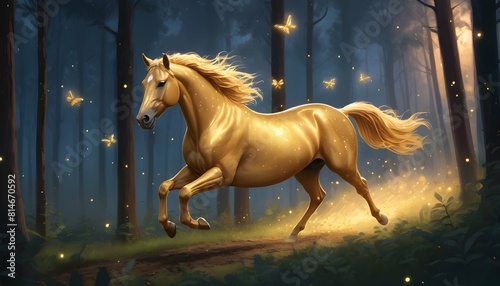 Illustrate a golden horse racing through a forest upscaled_2