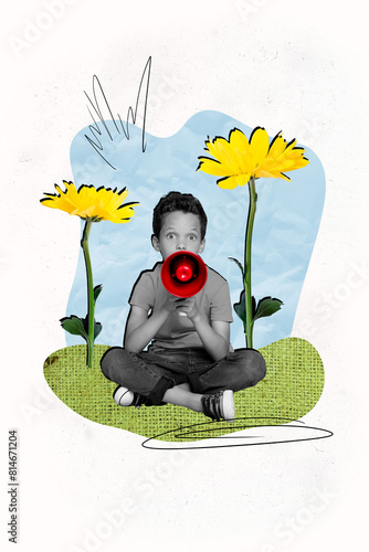 Vertical composite collage image picture of mini black white colors boy loudspeaker isolated on creative background