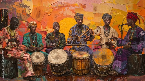 Vibrant African musicians in traditional attire performing with drums and guitar on a colorful mosaic background