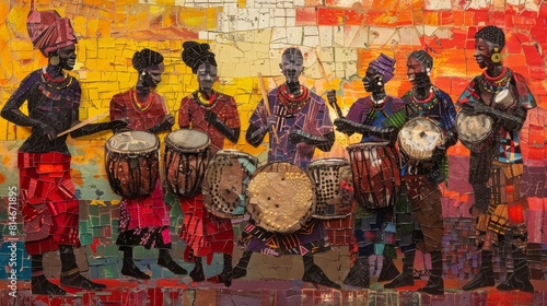 Vibrant African musicians in traditional attire performing with drums and guitar on a colorful mosaic background