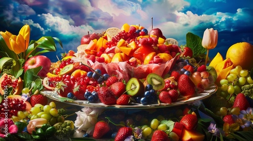 Vibrant and colorful fruit platter with berries and citrus in a lush setting