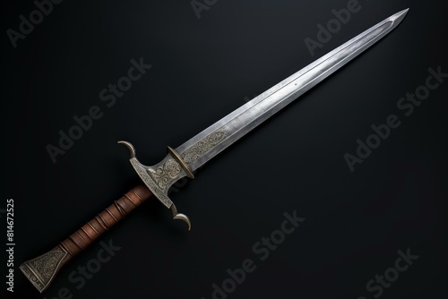 Detailed antique sword with ornate handle displayed on a black backdrop