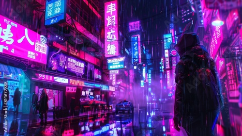 Vibrant cyberpunk cityscape with neon signs and reflective streets under a night sky