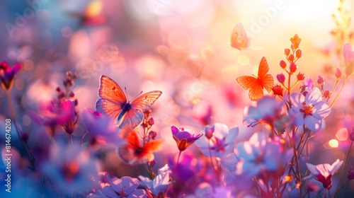 Colorful floral garden close up, focus on the variety of blossoms, copy space, ensure vivid colors, Double exposure silhouette with butterflies