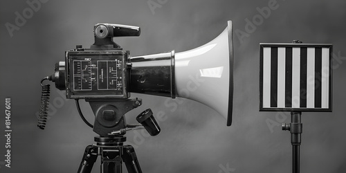 A vintage megaphone sits atop on stand and shooting board with dark wall background. 