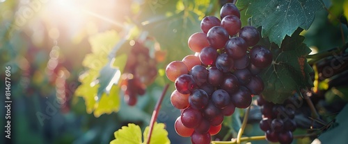 Large bunches of red wine grapes hang from an vine in warm afternoon light